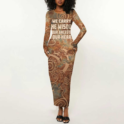 We Carry The Wisdom Long Sleeve Bodycon Dress Indigenous Spirit Quote Art - African Pride