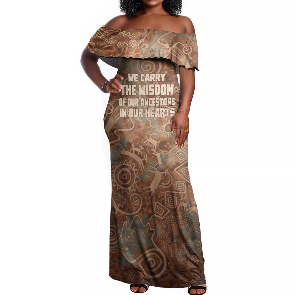 We Carry The Wisdom Off Shoulder Maxi Dress Indigenous Spirit Quote Art - African Pride