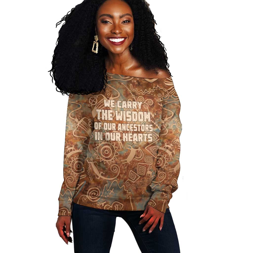 We Carry The Wisdom Off Shoulder Sweater Indigenous Spirit Quote Art - African Pride