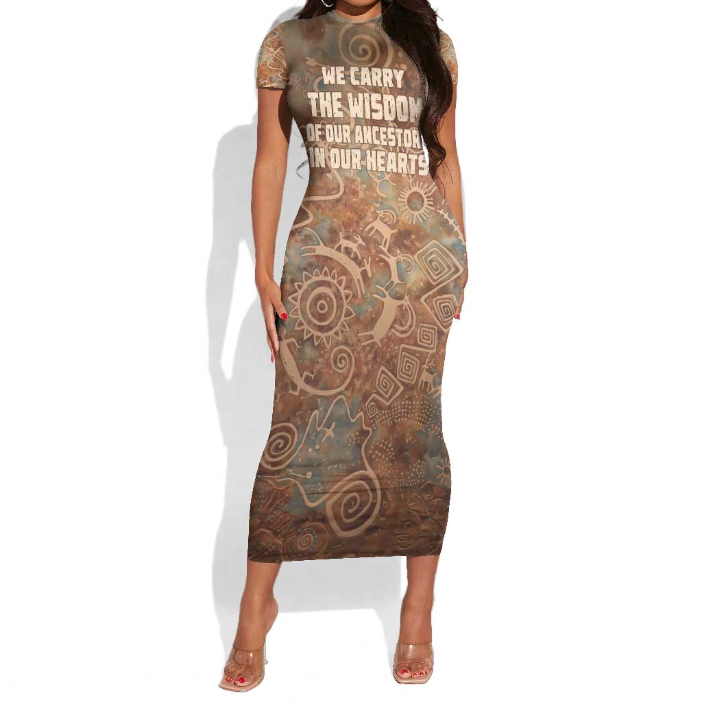 We Carry The Wisdom Short Sleeve Bodycon Dress Indigenous Spirit Quote Art - African Pride