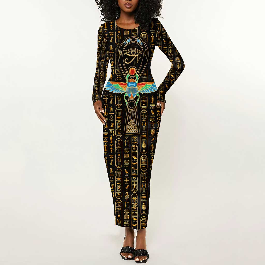 Ankh Horus Scarab Egyptian Long Sleeve Bodycon Dress Ancient Egypt - African Spiritual Legacy - African Pride