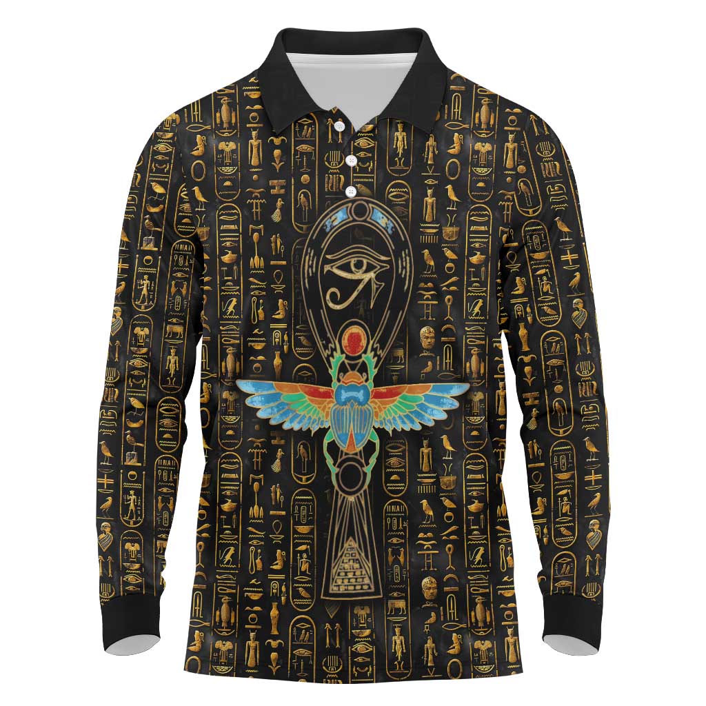 Ankh Horus Scarab Egyptian Long Sleeve Polo Shirt Ancient Egypt - African Spiritual Legacy - African Pride