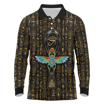 Ankh Horus Scarab Egyptian Long Sleeve Polo Shirt Ancient Egypt - African Spiritual Legacy - African Pride