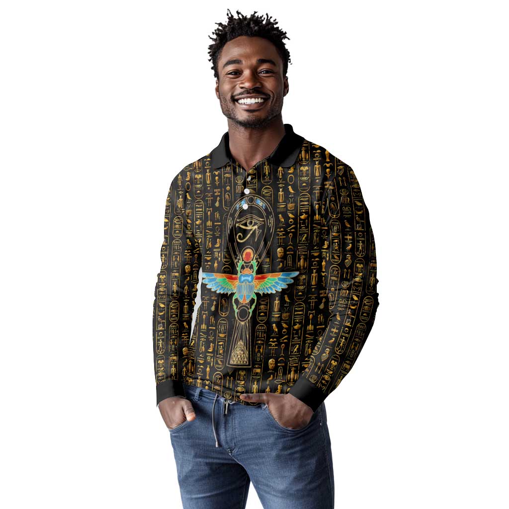 Ankh Horus Scarab Egyptian Long Sleeve Polo Shirt Ancient Egypt - African Spiritual Legacy - African Pride