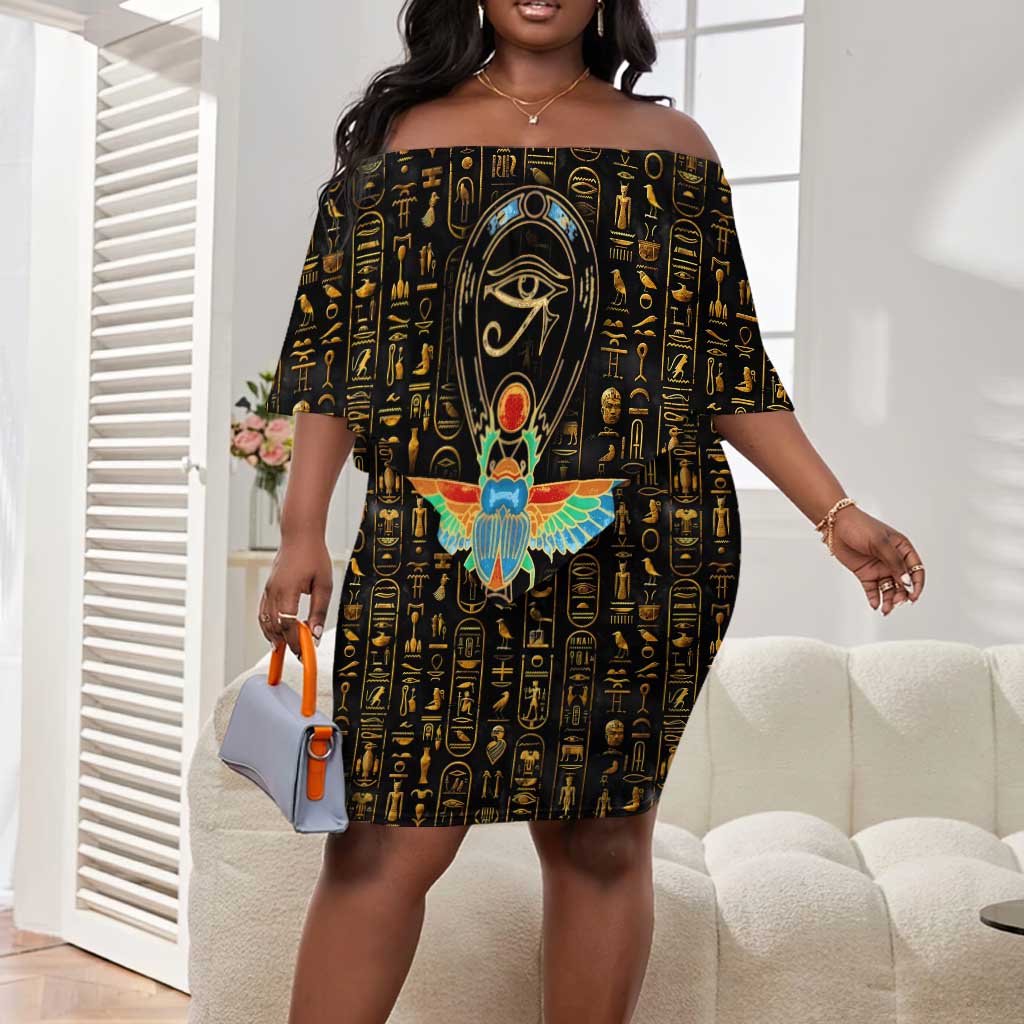 Ankh Horus Scarab Egyptian Off Shoulder Short Dress Ancient Egypt - African Spiritual Legacy - African Pride