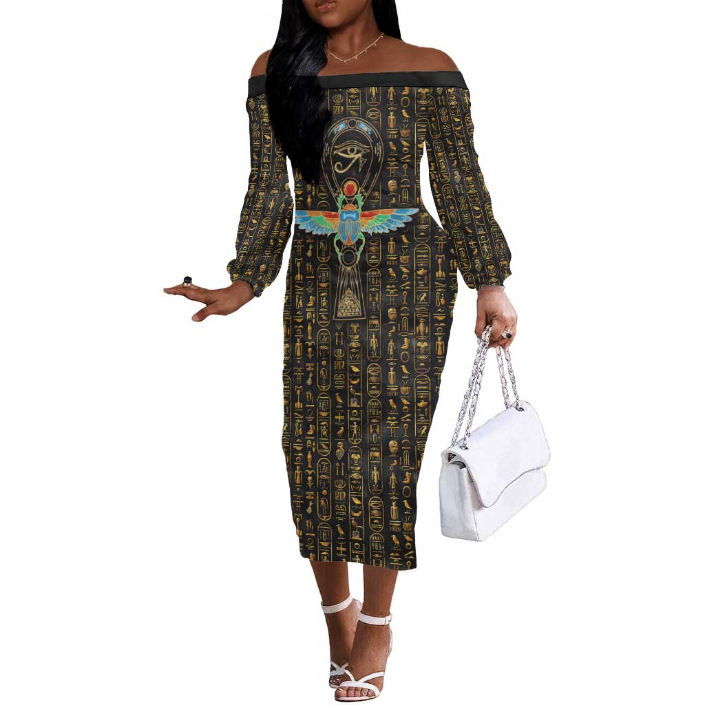 Ankh Horus Scarab Egyptian Off The Shoulder Long Sleeve Dress Ancient Egypt - African Spiritual Legacy - African Pride