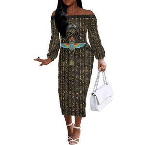 Ankh Horus Scarab Egyptian Off The Shoulder Long Sleeve Dress Ancient Egypt - African Spiritual Legacy - African Pride