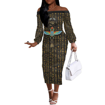 Ankh Horus Scarab Egyptian Off The Shoulder Long Sleeve Dress Ancient Egypt - African Spiritual Legacy - African Pride