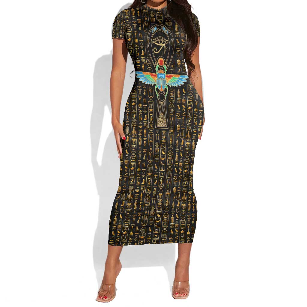 Ankh Horus Scarab Egyptian Short Sleeve Bodycon Dress Ancient Egypt - African Spiritual Legacy - African Pride