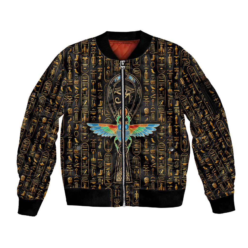 Ankh Horus Scarab Egyptian Sleeve Zip Bomber Jacket Ancient Egypt - African Spiritual Legacy - African Pride