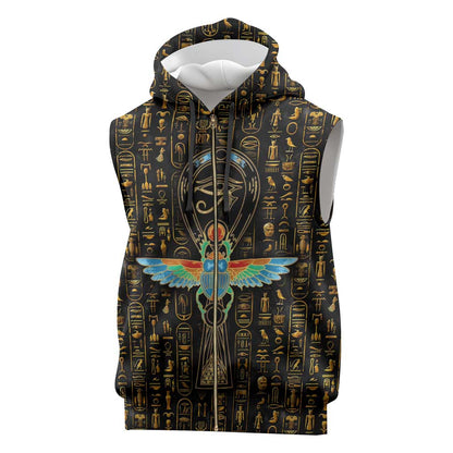 Ankh Horus Scarab Egyptian Sleeveless Zip Hoodie Ancient Egypt - African Spiritual Legacy - African Pride