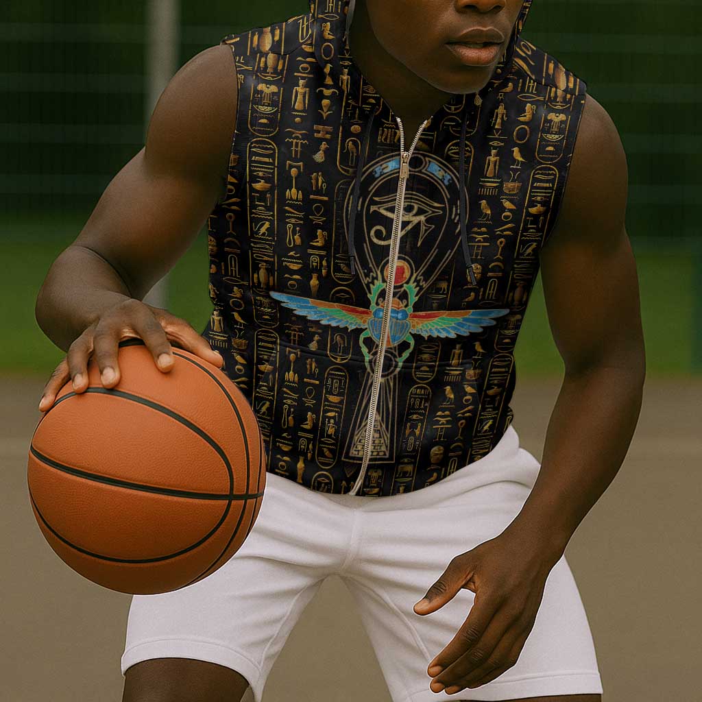 Ankh Horus Scarab Egyptian Sleeveless Zip Hoodie Ancient Egypt - African Spiritual Legacy - African Pride