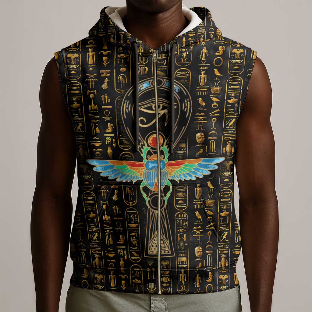 Ankh Horus Scarab Egyptian Sleeveless Zip Hoodie Ancient Egypt - African Spiritual Legacy - African Pride
