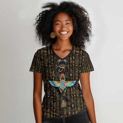 Ankh Horus Scarab Egyptian Women V-Neck T-Shirt Ancient Egypt - African Spiritual Legacy - African Pride