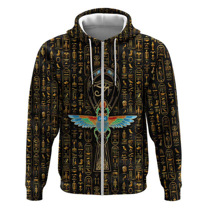 Ankh Horus Scarab Egyptian Zip Hoodie Ancient Egypt - African Spiritual Legacy - African Pride