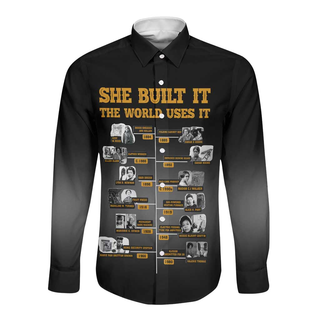 She Built It The World Uses It Long Sleeve Button Shirt Black Women, Bold Inventions - African Pride