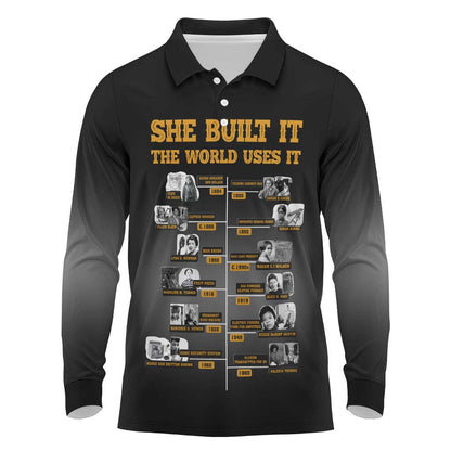 She Built It The World Uses It Long Sleeve Polo Shirt Black Women, Bold Inventions - African Pride