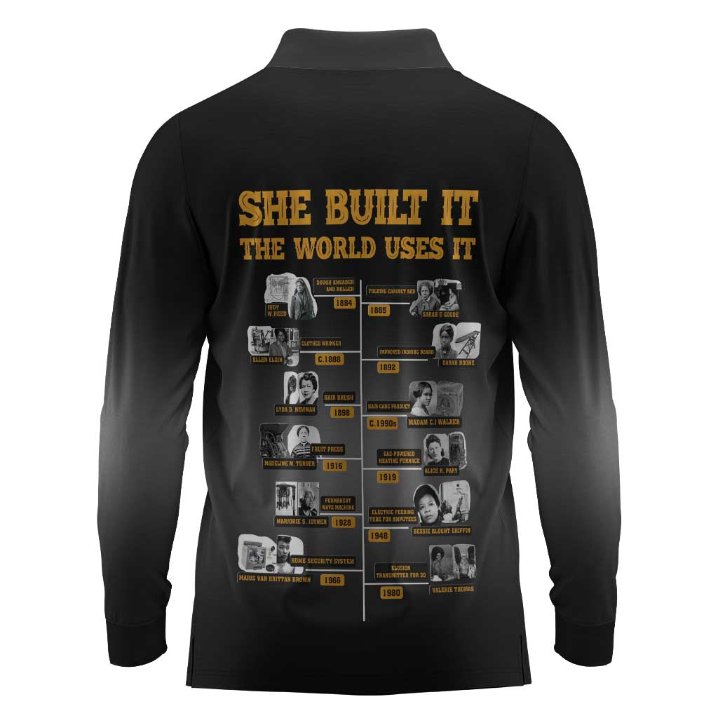 She Built It The World Uses It Long Sleeve Polo Shirt Black Women, Bold Inventions - African Pride