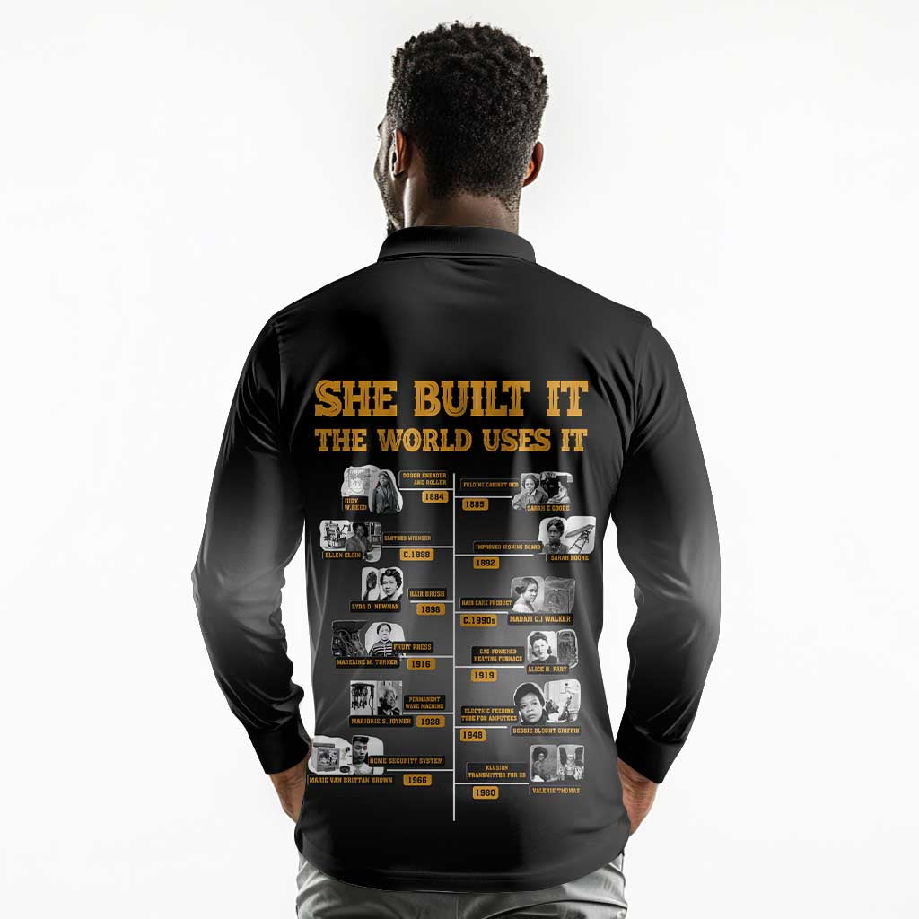 She Built It The World Uses It Long Sleeve Polo Shirt Black Women, Bold Inventions - African Pride
