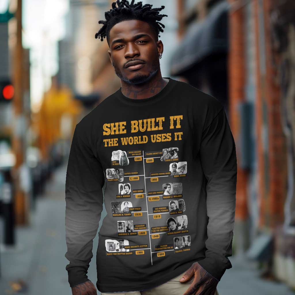 She Built It The World Uses It Long Sleeve Shirt Black Women, Bold Inventions - African Pride