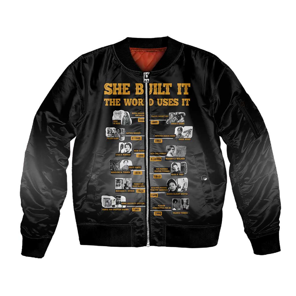 She Built It The World Uses It Sleeve Zip Bomber Jacket Black Women, Bold Inventions - African Pride