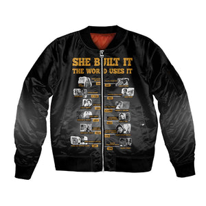 She Built It The World Uses It Sleeve Zip Bomber Jacket Black Women, Bold Inventions - African Pride