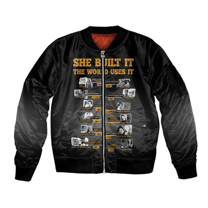 She Built It The World Uses It Sleeve Zip Bomber Jacket Black Women, Bold Inventions - African Pride