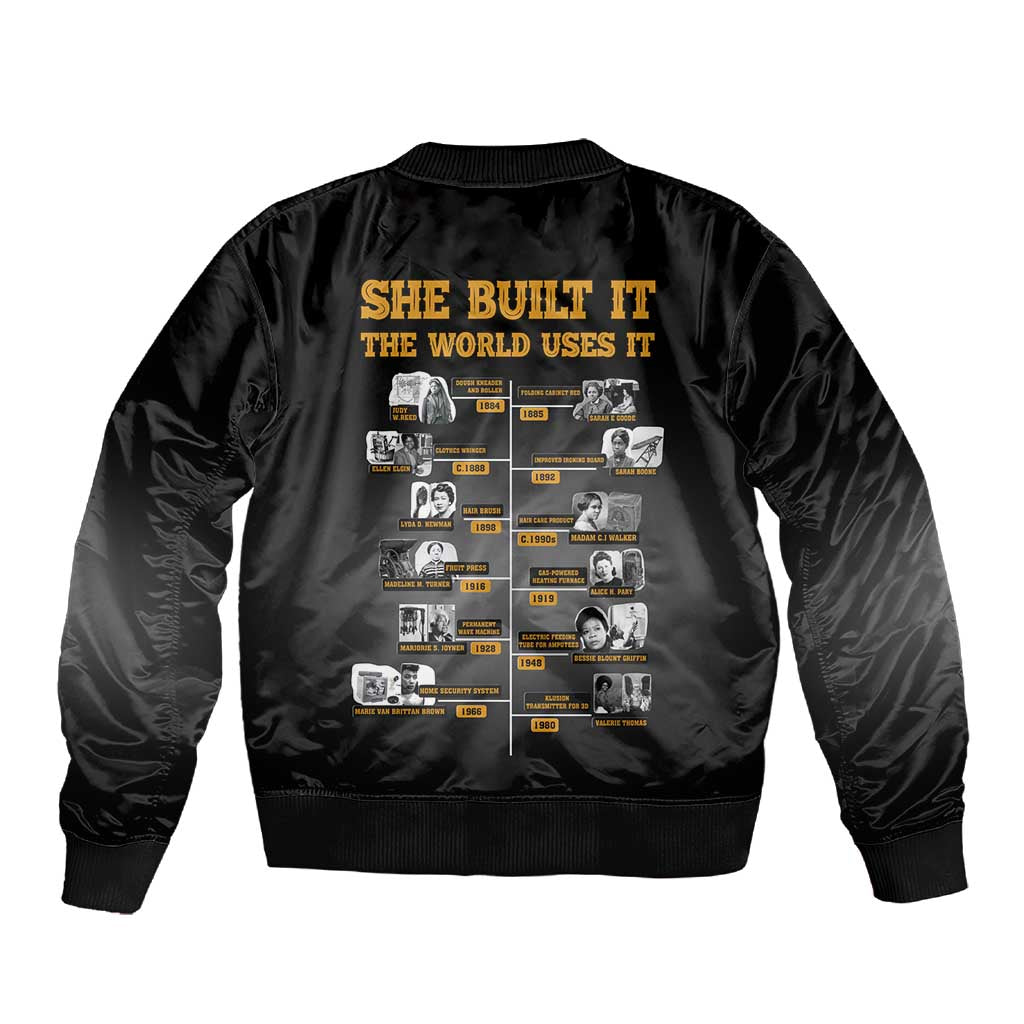 She Built It The World Uses It Sleeve Zip Bomber Jacket Black Women, Bold Inventions - African Pride
