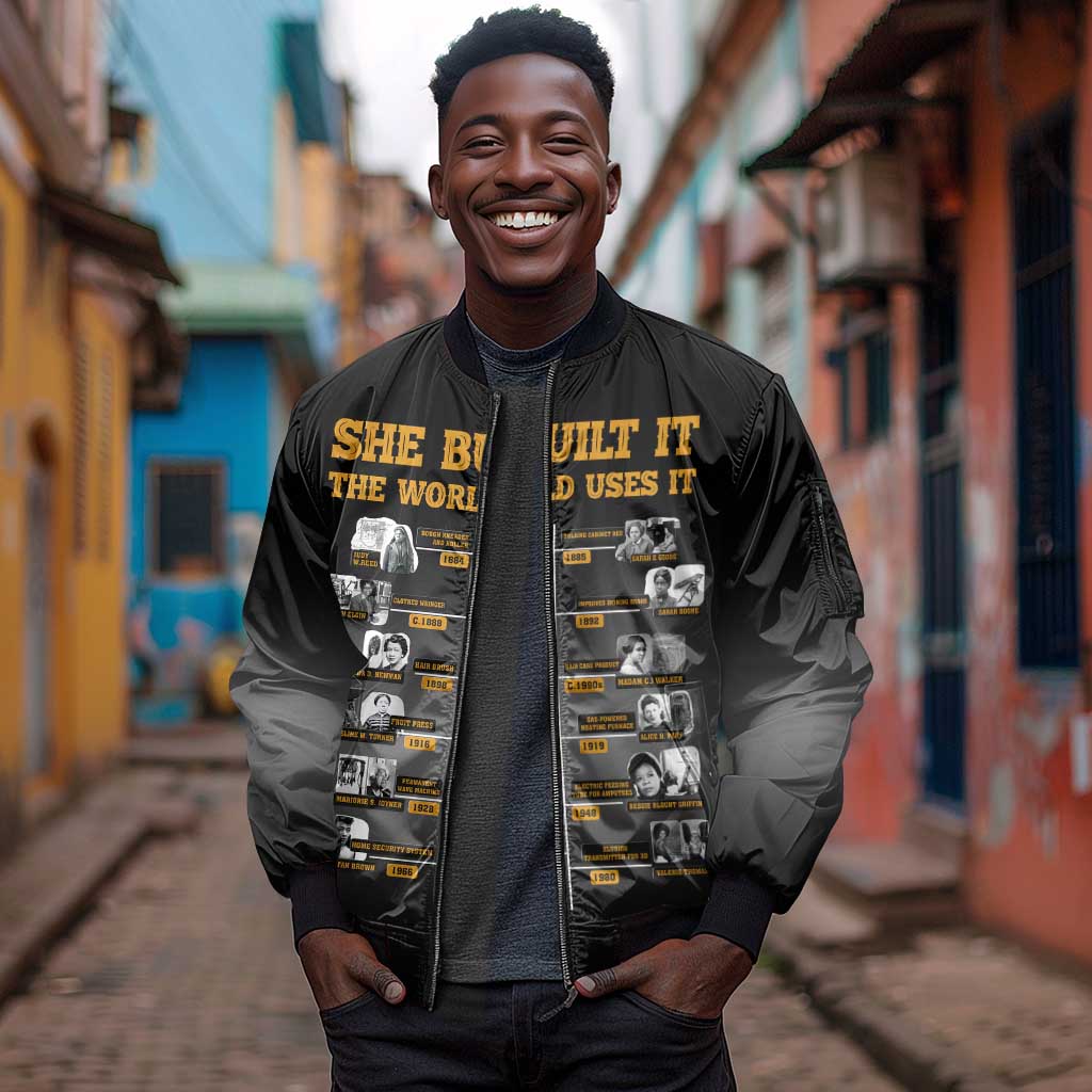 She Built It The World Uses It Sleeve Zip Bomber Jacket Black Women, Bold Inventions - African Pride