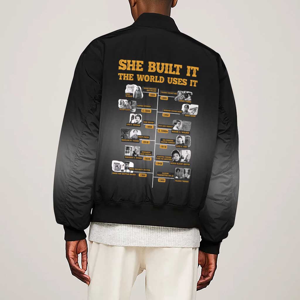 She Built It The World Uses It Sleeve Zip Bomber Jacket Black Women, Bold Inventions - African Pride