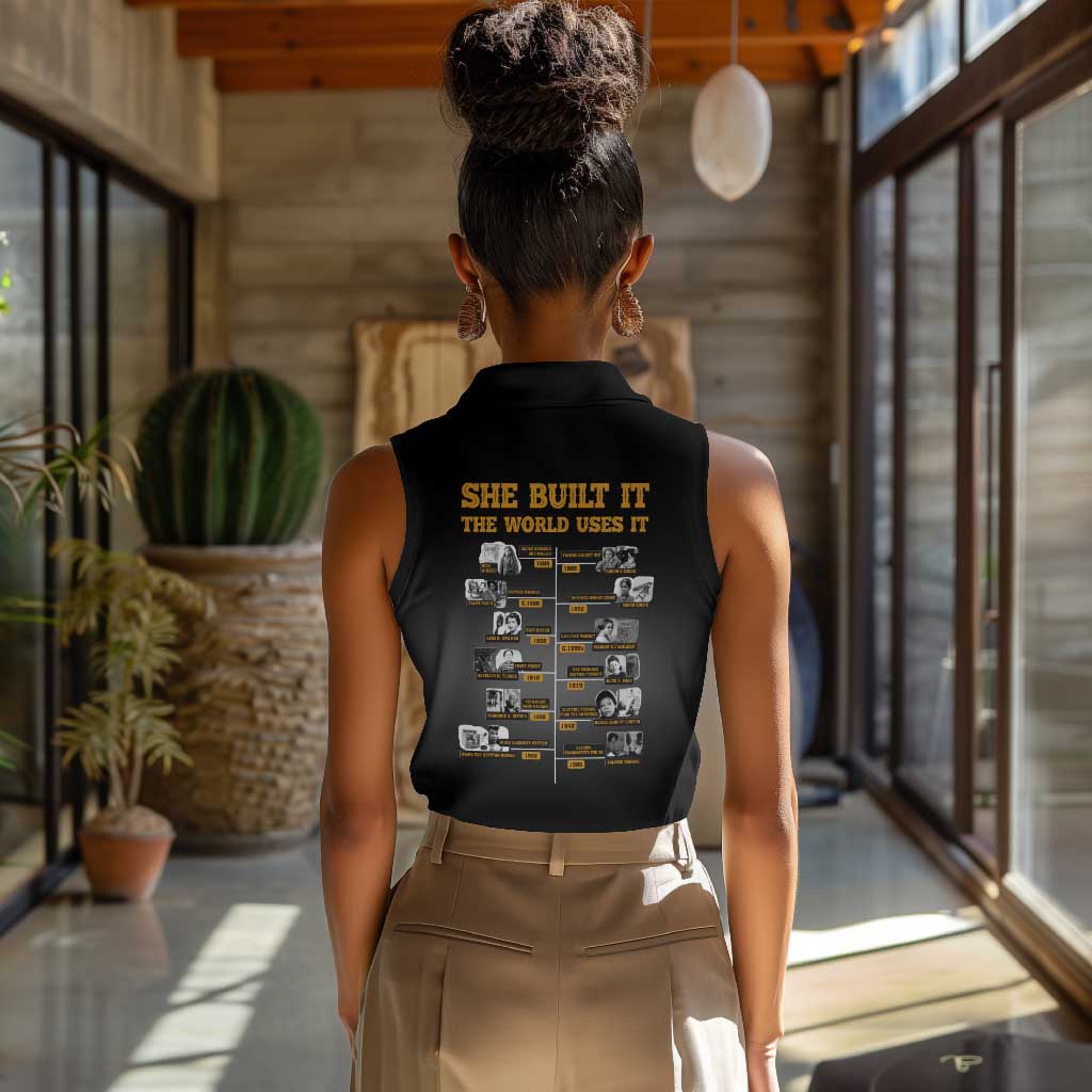 She Built It The World Uses It Women Sleeveless Polo Shirt Black Women, Bold Inventions - African Pride