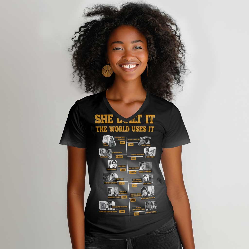 She Built It The World Uses It Women V-Neck T-Shirt Black Women, Bold Inventions - African Pride