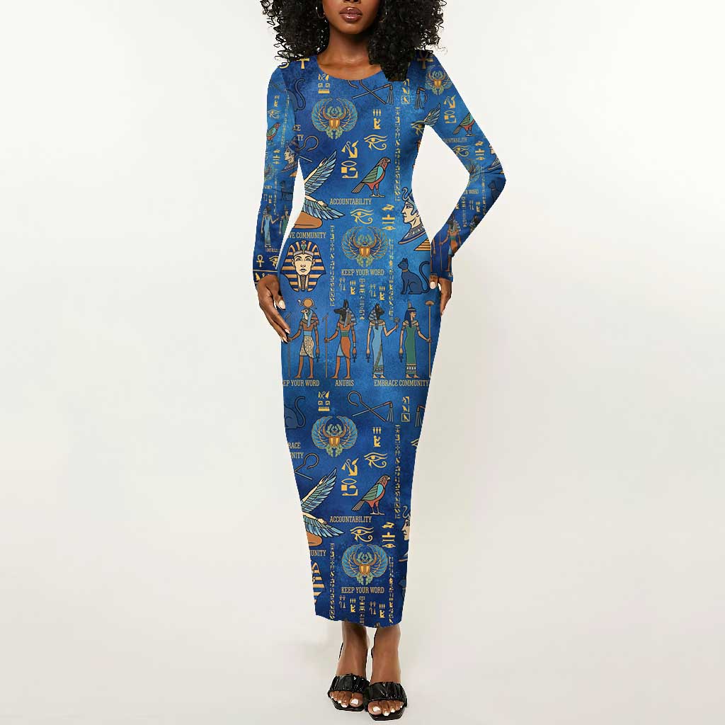 Ancient Egyptian Culture Long Sleeve Bodycon Dress Pharaohs Anubis Kemet and Symbolic Motifs - African Pride