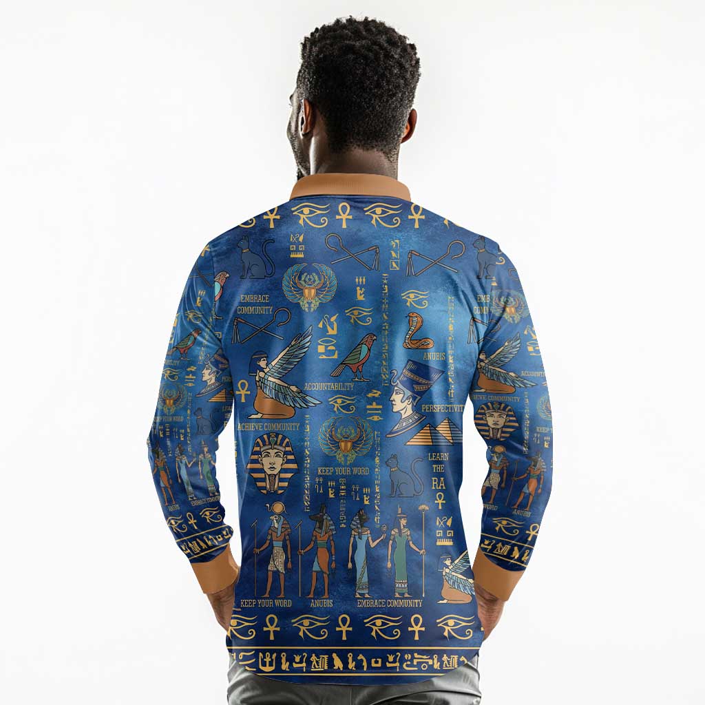 Ancient Egyptian Culture Long Sleeve Polo Shirt Pharaohs Anubis Kemet and Symbolic Motifs - African Pride