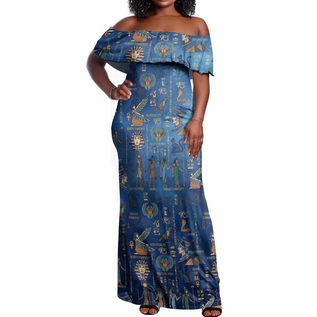 Ancient Egyptian Culture Off Shoulder Maxi Dress Pharaohs Anubis Kemet and Symbolic Motifs - African Pride