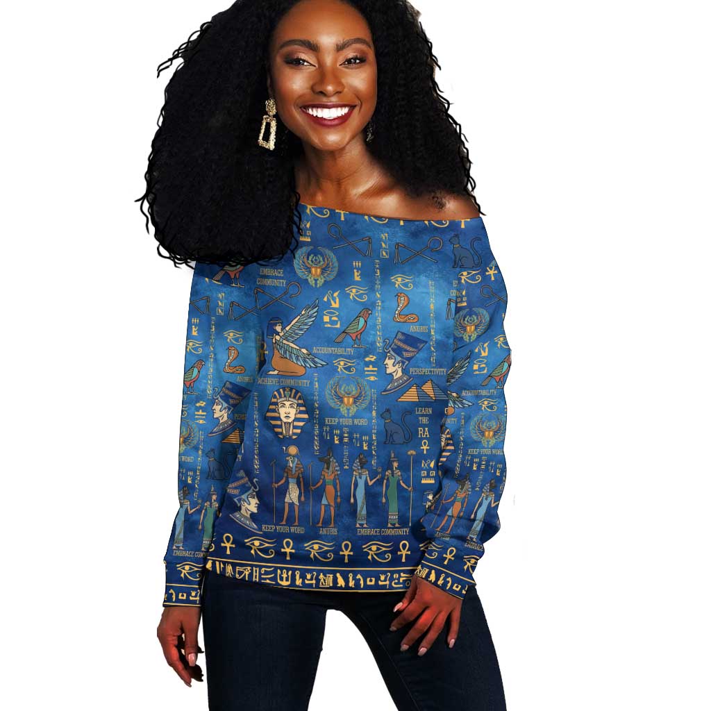 Ancient Egyptian Culture Off Shoulder Sweater Pharaohs Anubis Kemet and Symbolic Motifs - African Pride