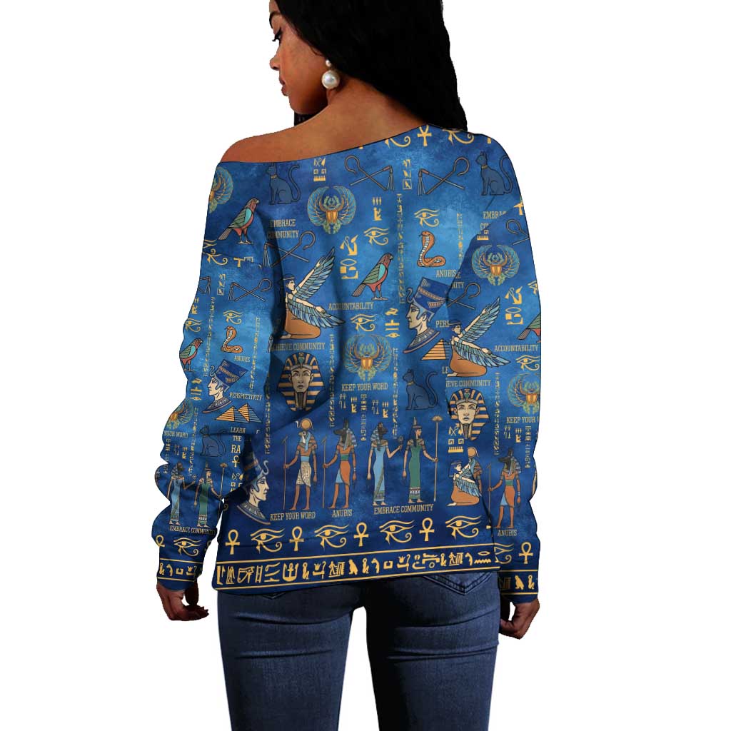 Ancient Egyptian Culture Off Shoulder Sweater Pharaohs Anubis Kemet and Symbolic Motifs - African Pride