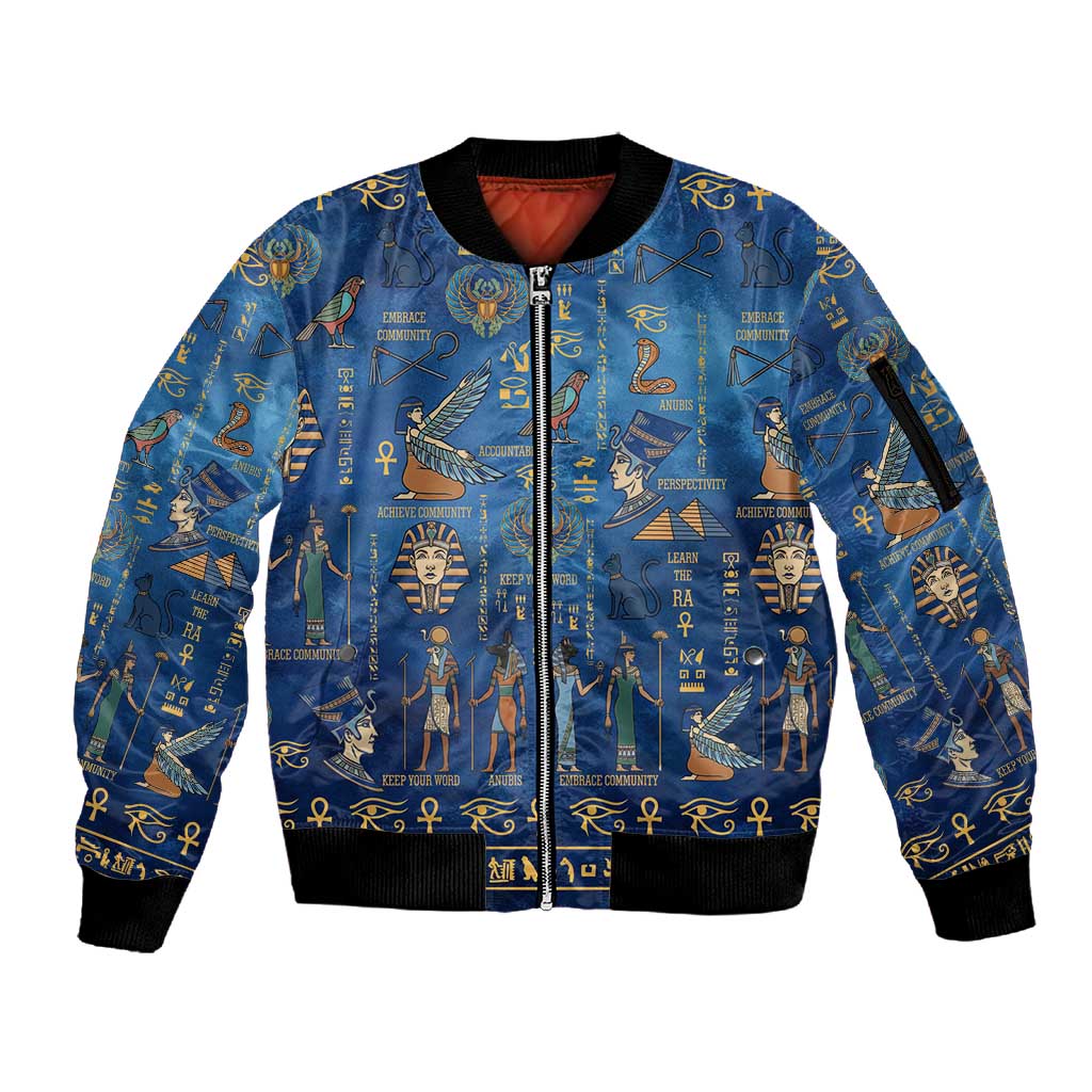 Ancient Egyptian Culture Sleeve Zip Bomber Jacket Pharaohs Anubis Kemet and Symbolic Motifs - African Pride
