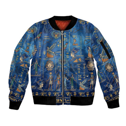 Ancient Egyptian Culture Sleeve Zip Bomber Jacket Pharaohs Anubis Kemet and Symbolic Motifs - African Pride