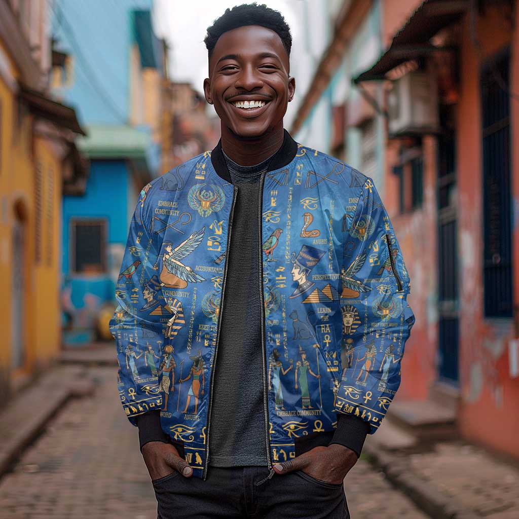 Ancient Egyptian Culture Sleeve Zip Bomber Jacket Pharaohs Anubis Kemet and Symbolic Motifs - African Pride