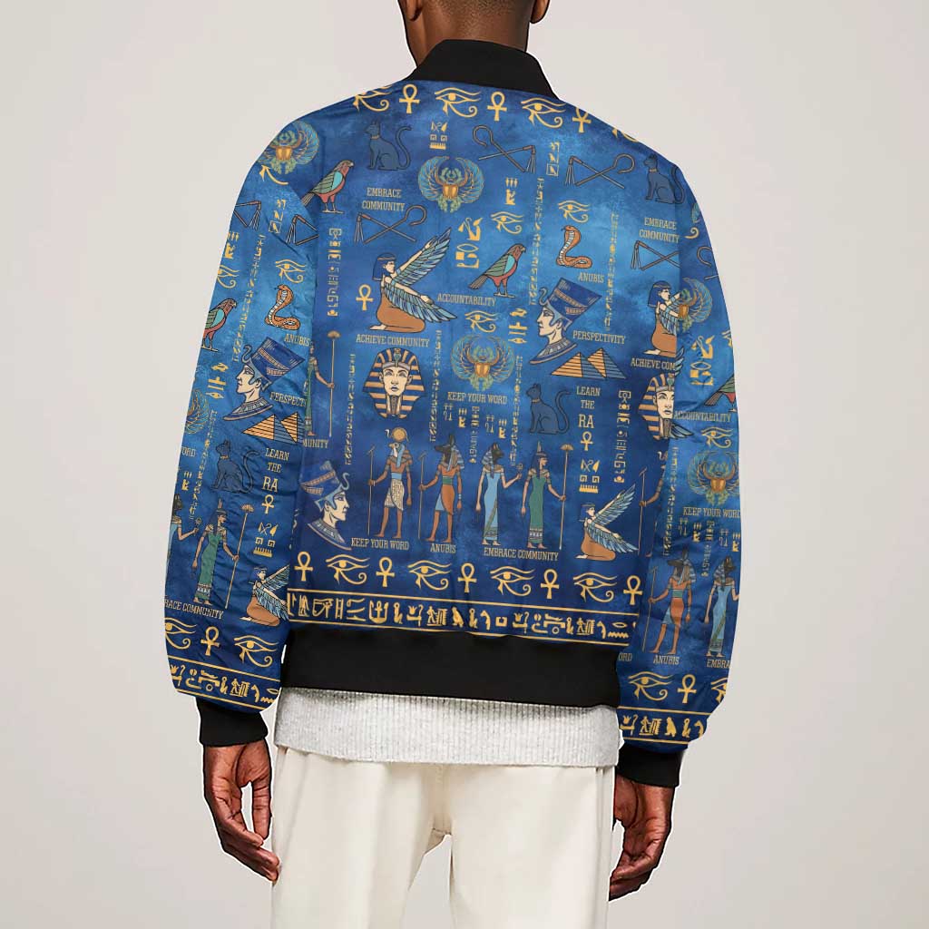 Ancient Egyptian Culture Sleeve Zip Bomber Jacket Pharaohs Anubis Kemet and Symbolic Motifs - African Pride