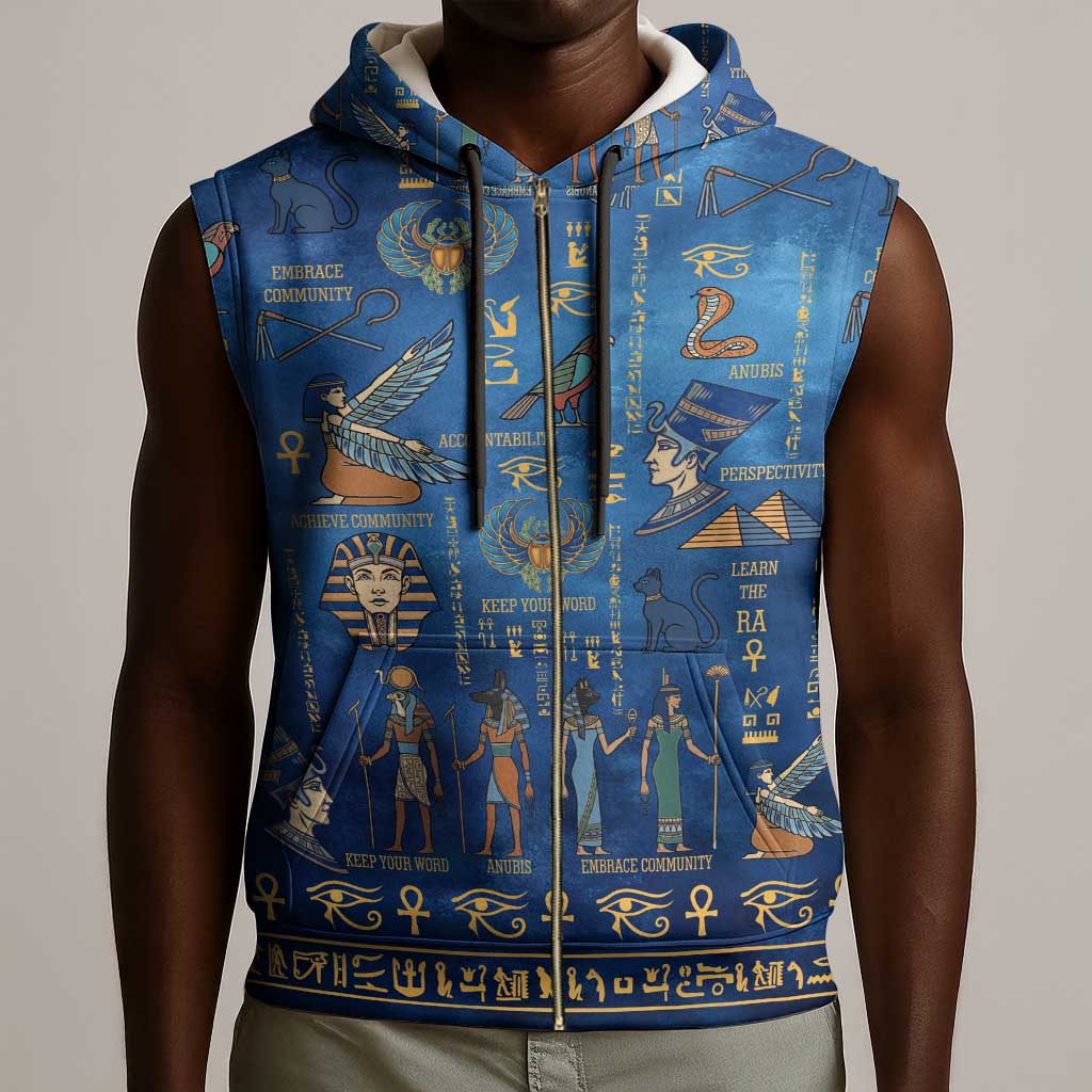 Ancient Egyptian Culture Sleeveless Zip Hoodie Pharaohs Anubis Kemet and Symbolic Motifs - African Pride