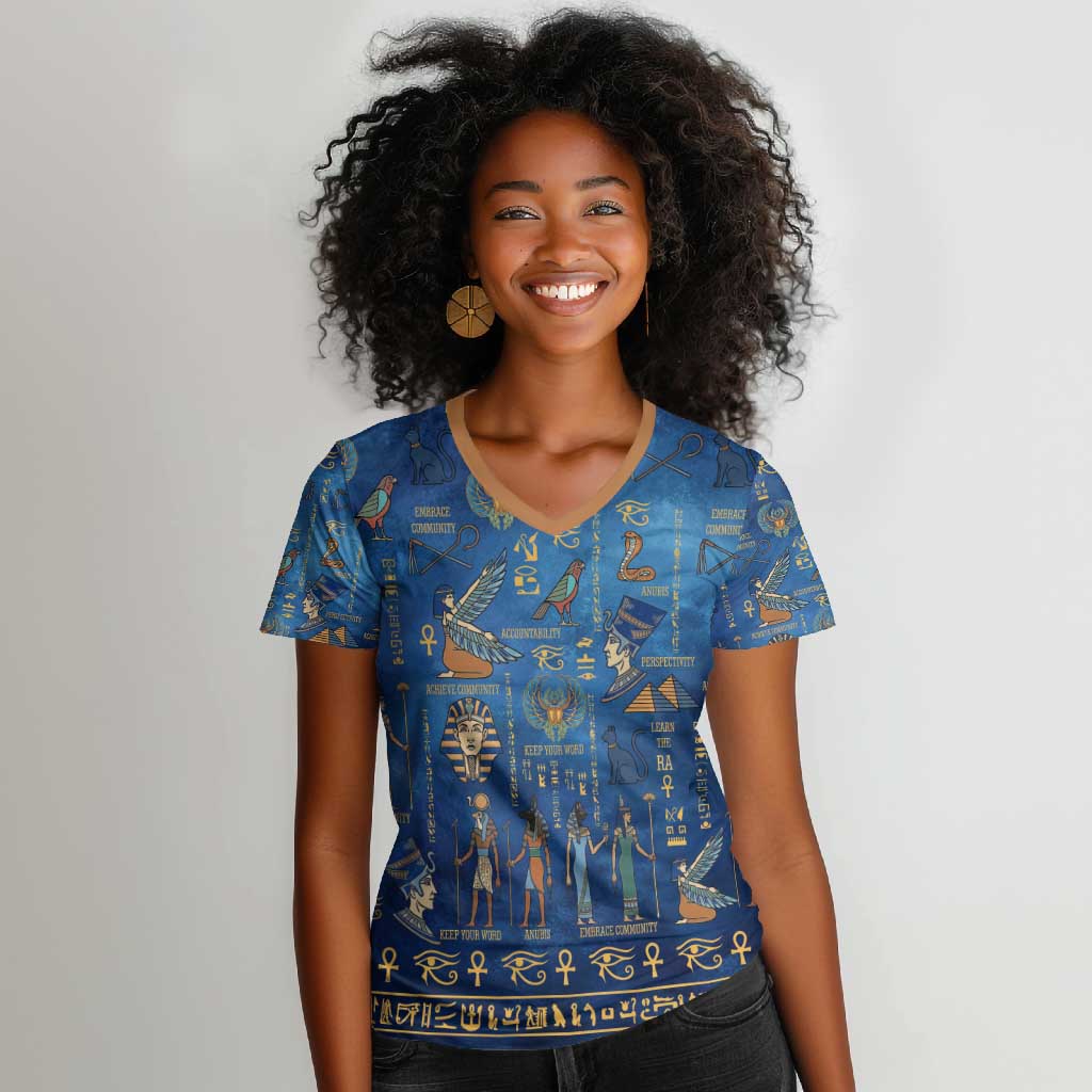 Ancient Egyptian Culture Women V-Neck T-Shirt Pharaohs Anubis Kemet and Symbolic Motifs - African Pride