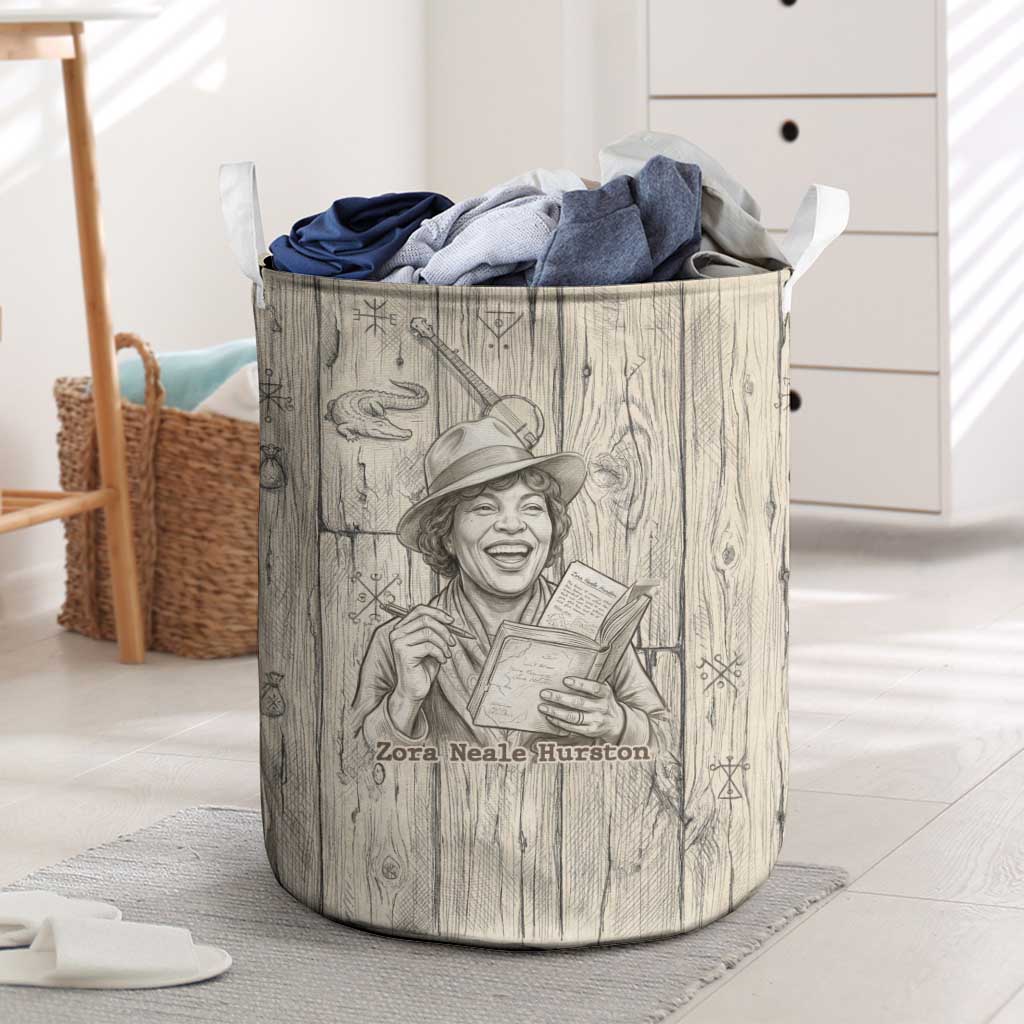 Zora Neale Hurston Laundry Basket Rustic Wood Engraved Style Illustration Joyful Portrait with Book and Map Donkey - African Pride