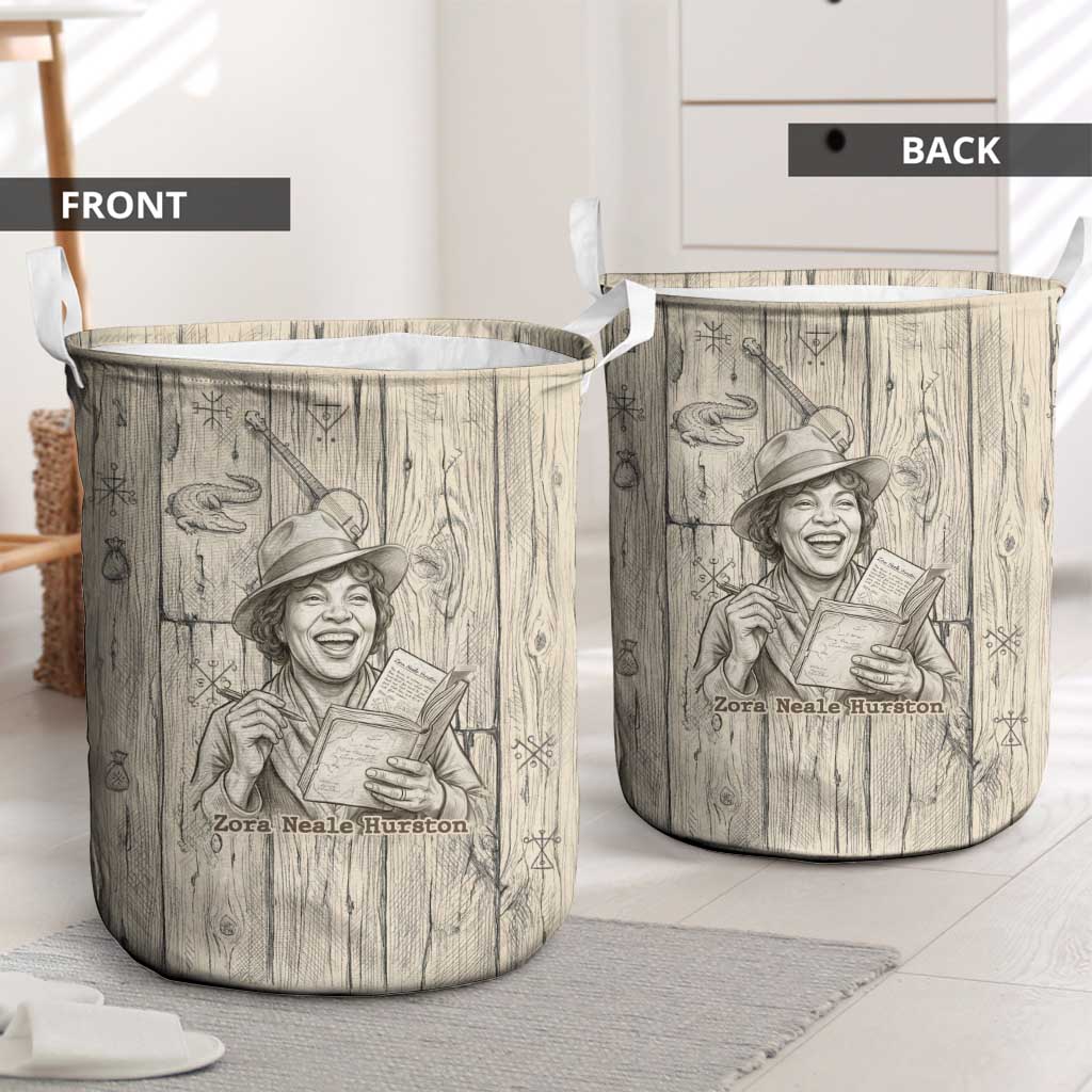 Zora Neale Hurston Laundry Basket Rustic Wood Engraved Style Illustration Joyful Portrait with Book and Map Donkey - African Pride