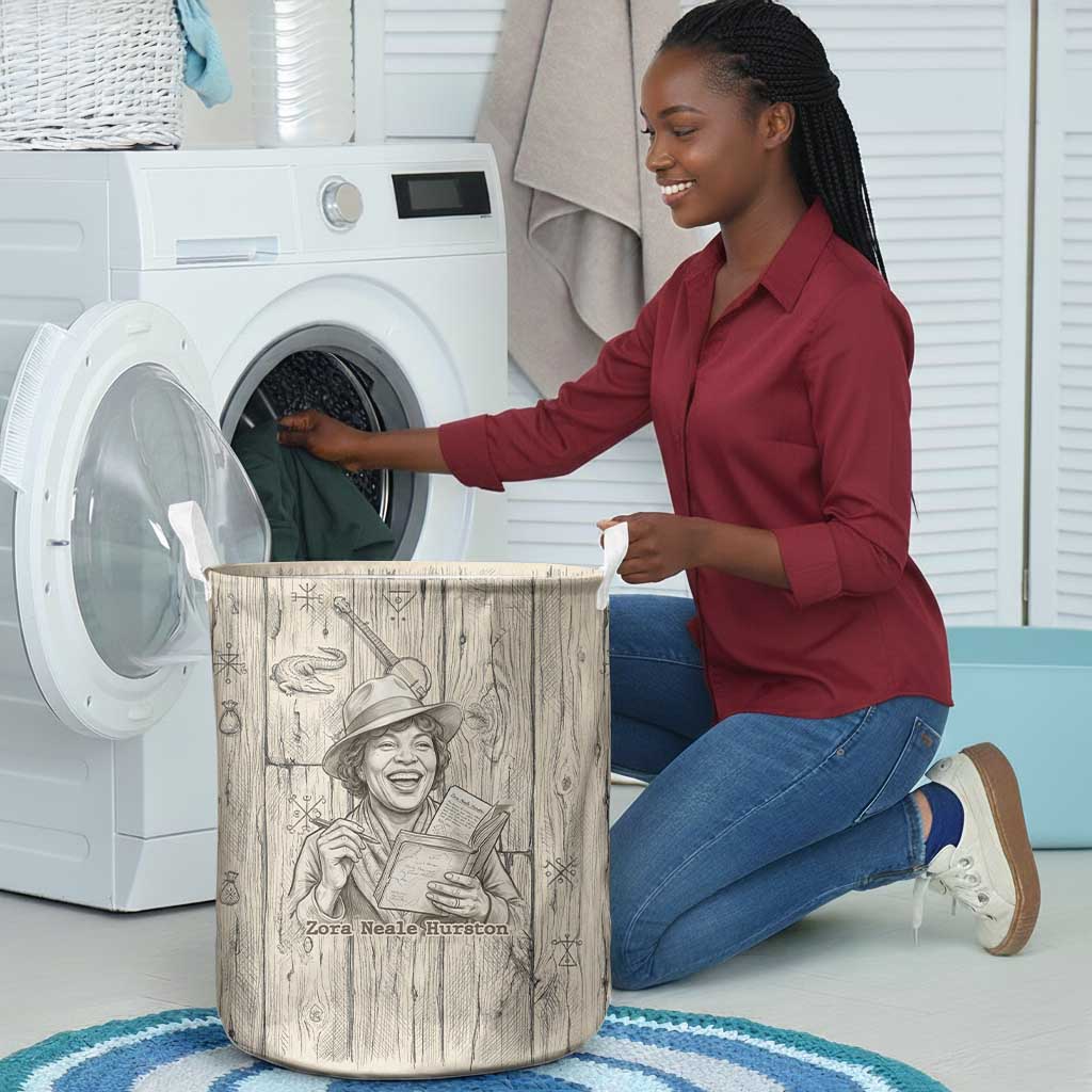 Zora Neale Hurston Laundry Basket Rustic Wood Engraved Style Illustration Joyful Portrait with Book and Map Donkey - African Pride