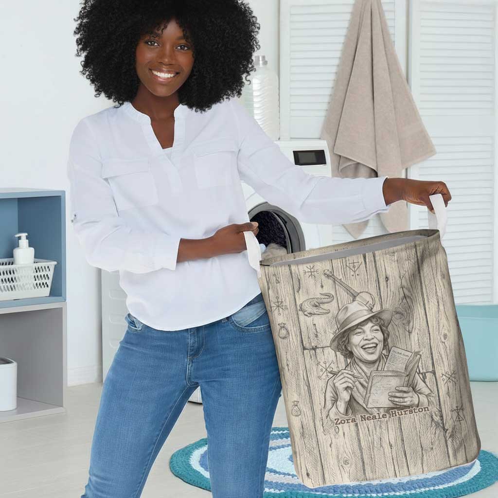 Zora Neale Hurston Laundry Basket Rustic Wood Engraved Style Illustration Joyful Portrait with Book and Map Donkey - African Pride