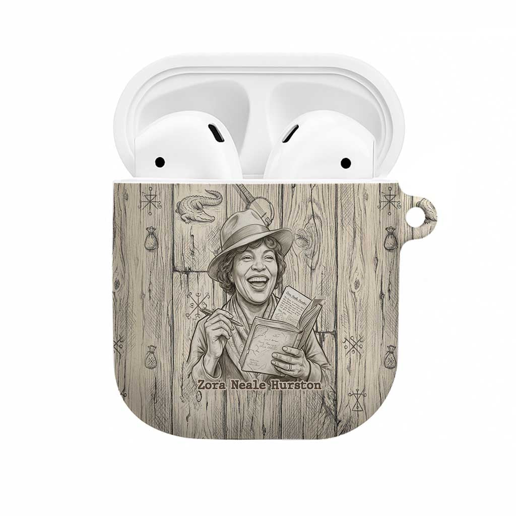 Zora Neale Hurston AirPods Case Rustic Wood Engraved Style Illustration Joyful Portrait with Book and Map Donkey - African Pride