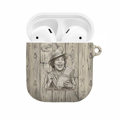 Zora Neale Hurston AirPods Case Rustic Wood Engraved Style Illustration Joyful Portrait with Book and Map Donkey - African Pride