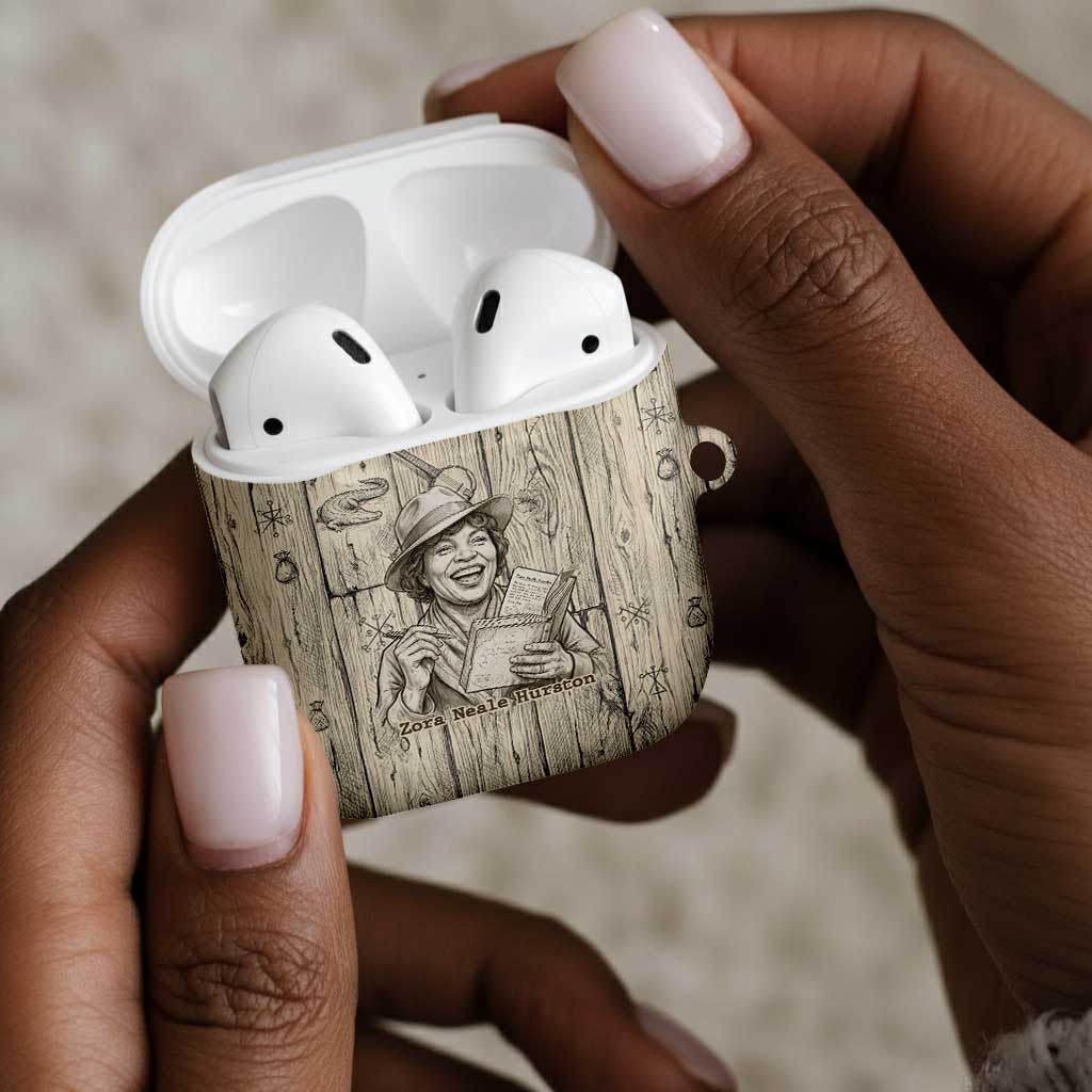 Zora Neale Hurston AirPods Case Rustic Wood Engraved Style Illustration Joyful Portrait with Book and Map Donkey - African Pride